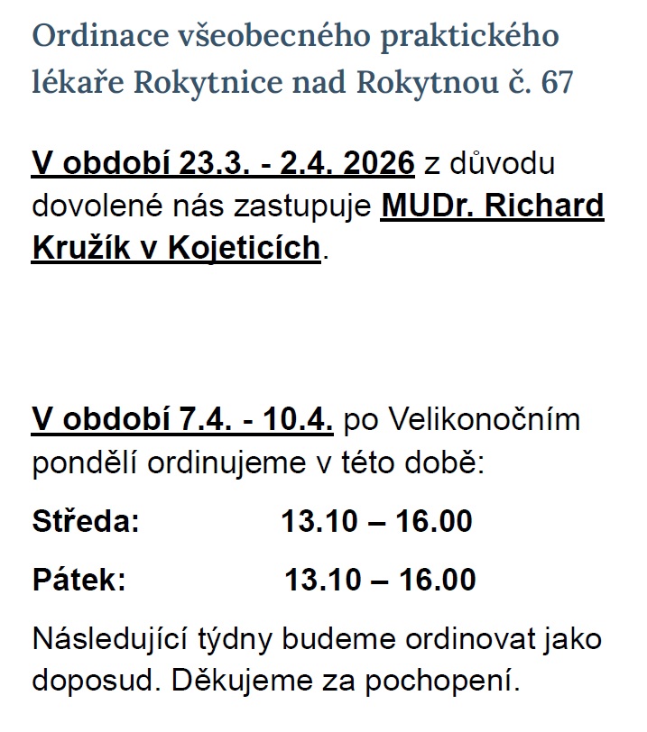 MUDr.Hodějovský dovolená 04 05 2026