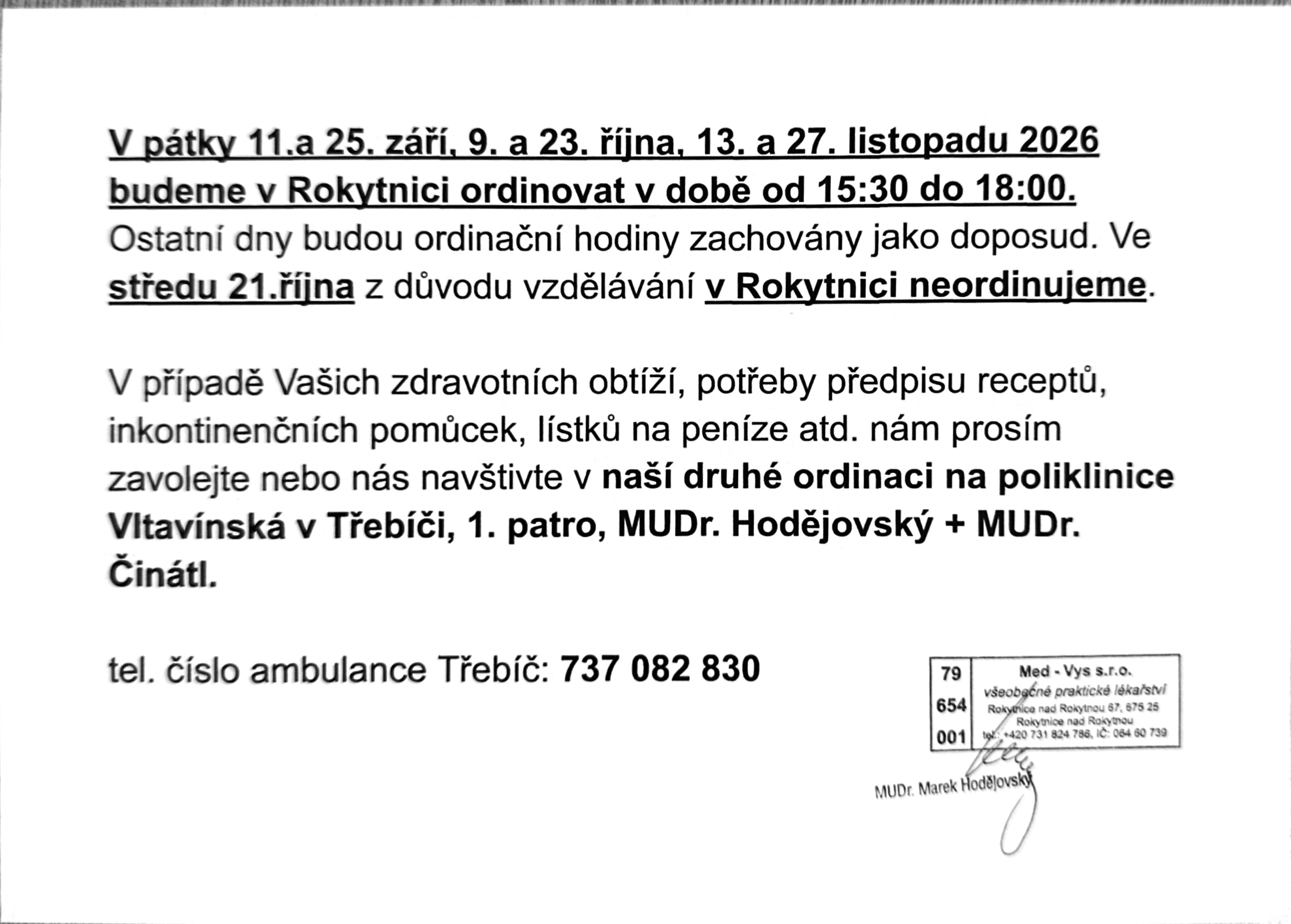 MUDr. Hodějovský 11.9. 27.11.2026