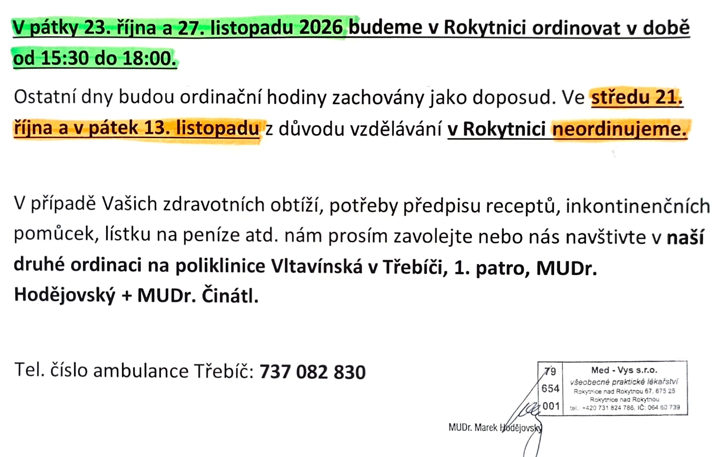 MUDr. Hodějovský říjen listopad 2026