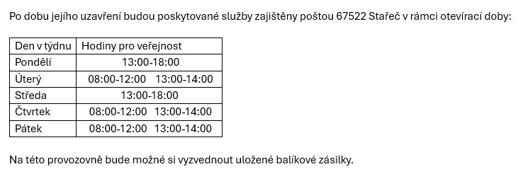 otevírací doba pošty Stařeč